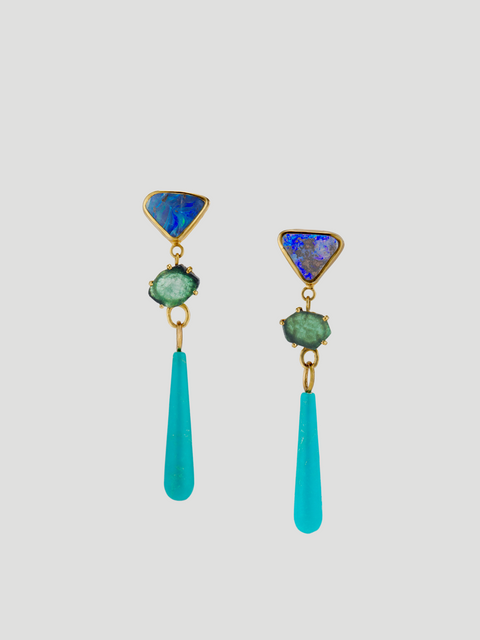 18K Yellow Gold Boulder Opal, Emerald And Turquoise Drop Earrings,Katey Walker,- Fivestory New York