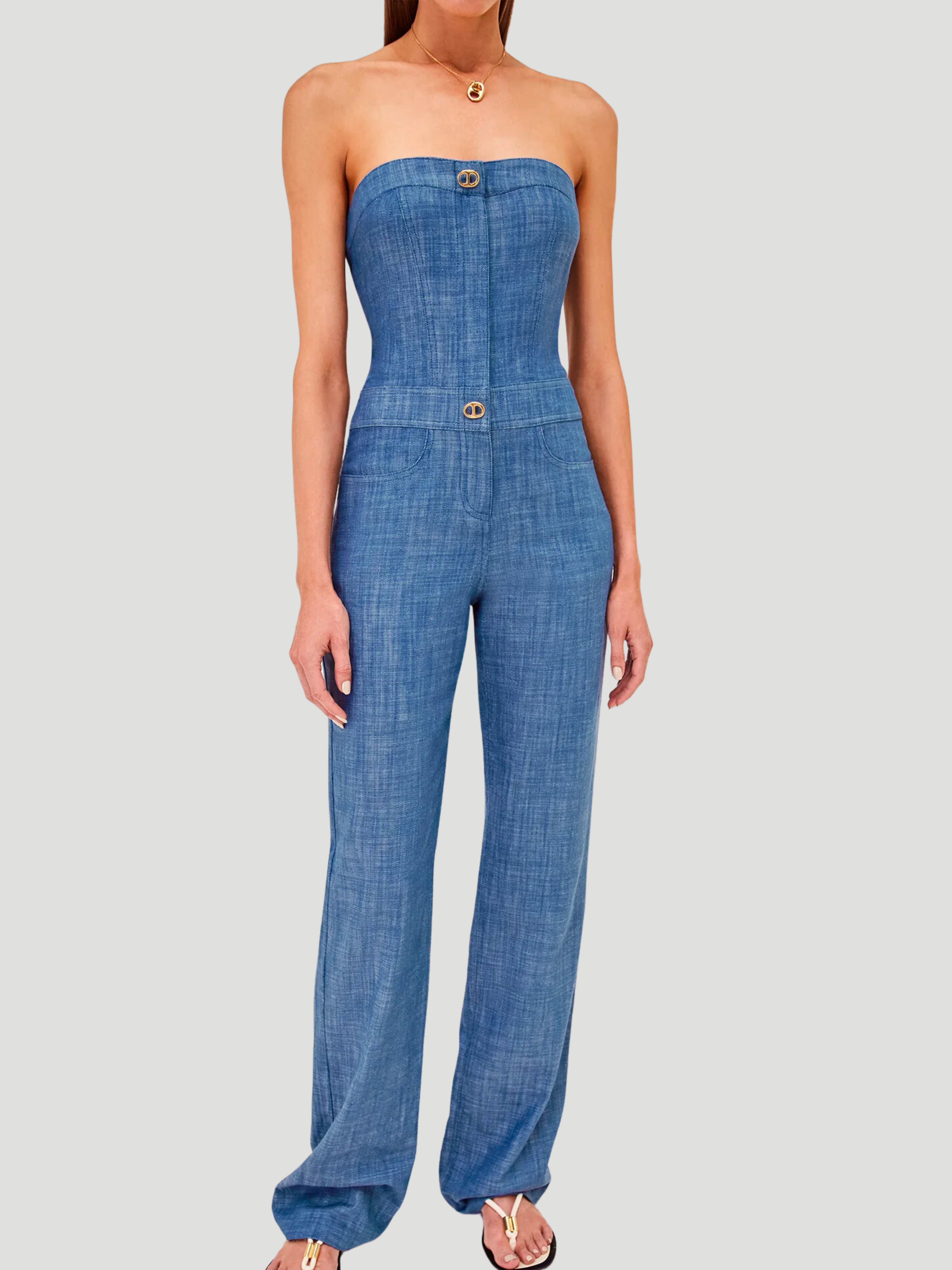 Breslin Chambray Strapless Jumpsuit Fivestory New York