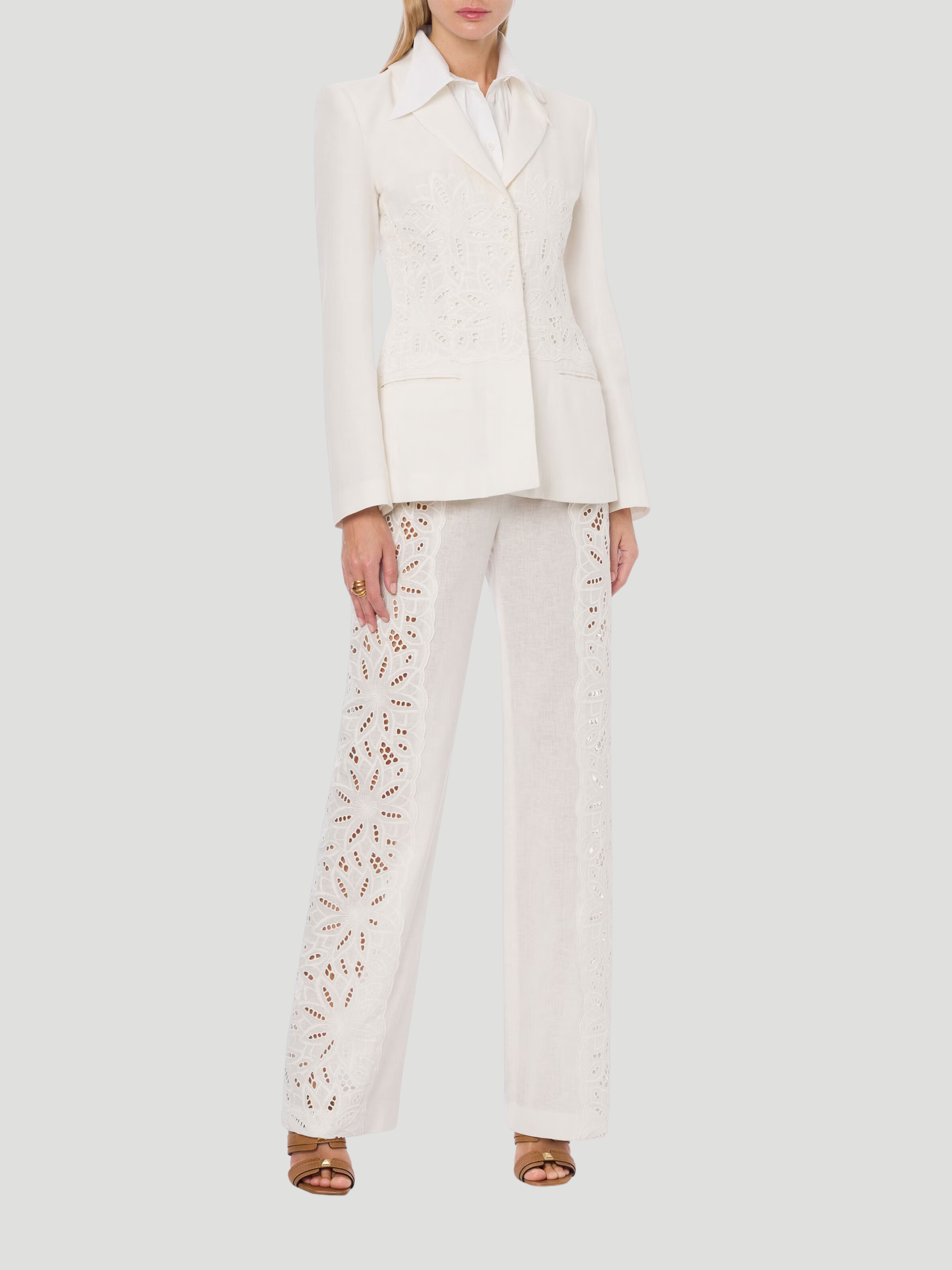 White Embroidered Straight Leg Pant,Alberta Ferretti,- Fivestory New York