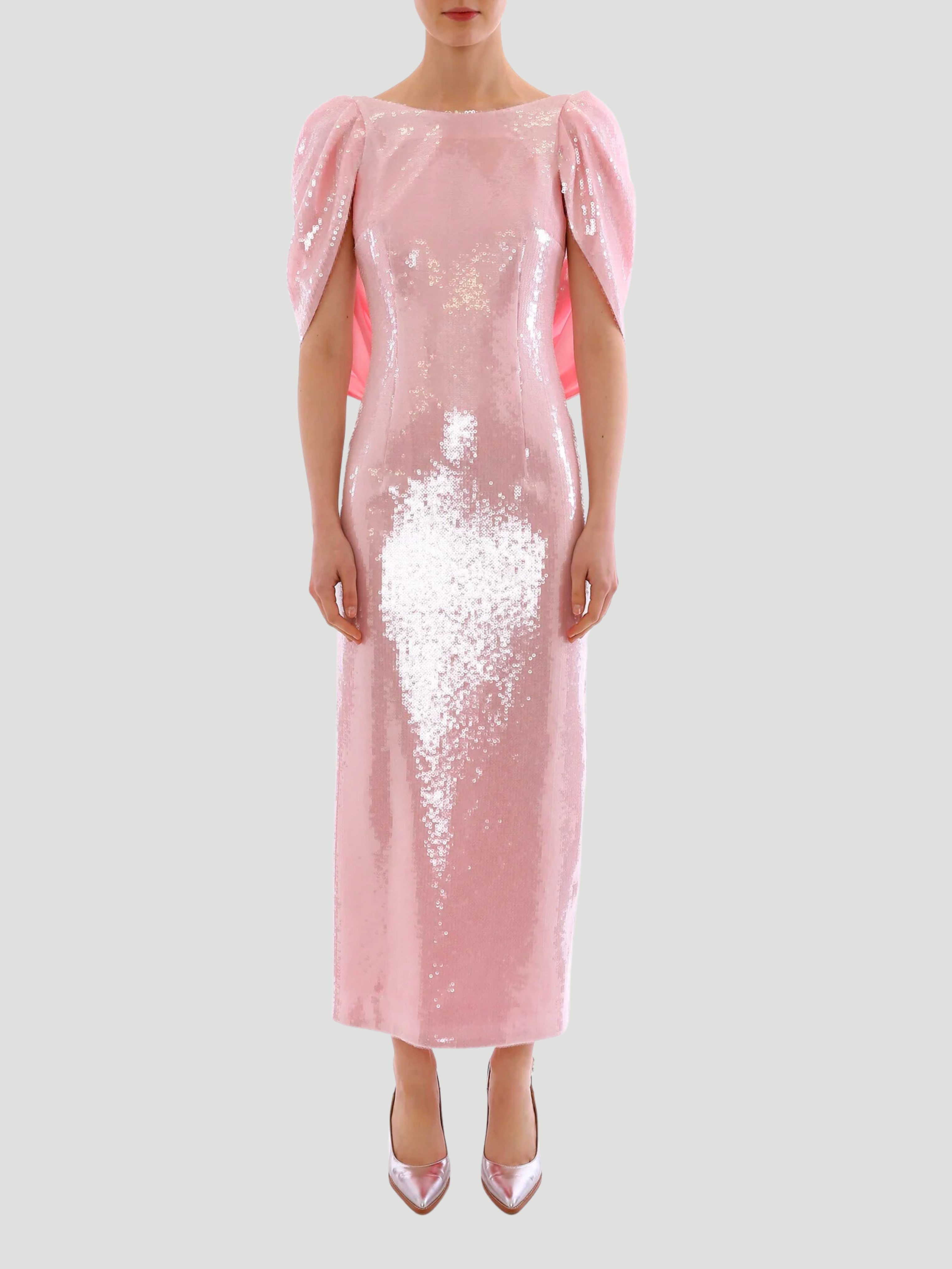 Pink Alba Crepe Shoulder Sequin Gown,HUISHAN ZHANG,- Fivestory New York