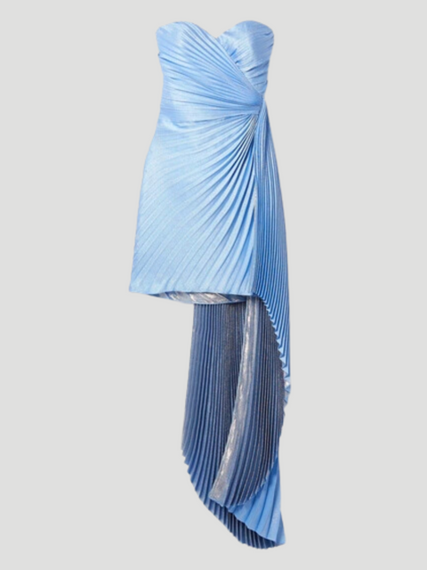 Draped Pleated Metallic Silk-blend Crepe Mini Dress In Light Blue,Semsem,- Fivestory New York