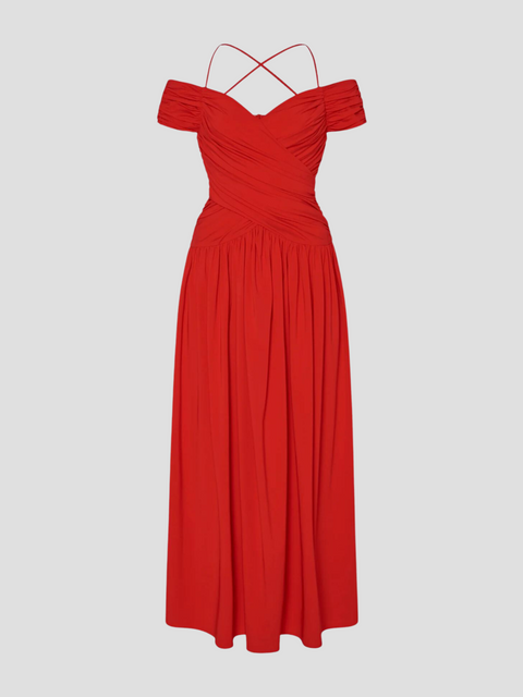 Ruched Off The Shoulder Dress in Red,Rosetta Getty,- Fivestory New York