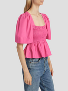 Pink Cotton Poplin Open-Neck Smock Blouse,Ganni,- Fivestory New York