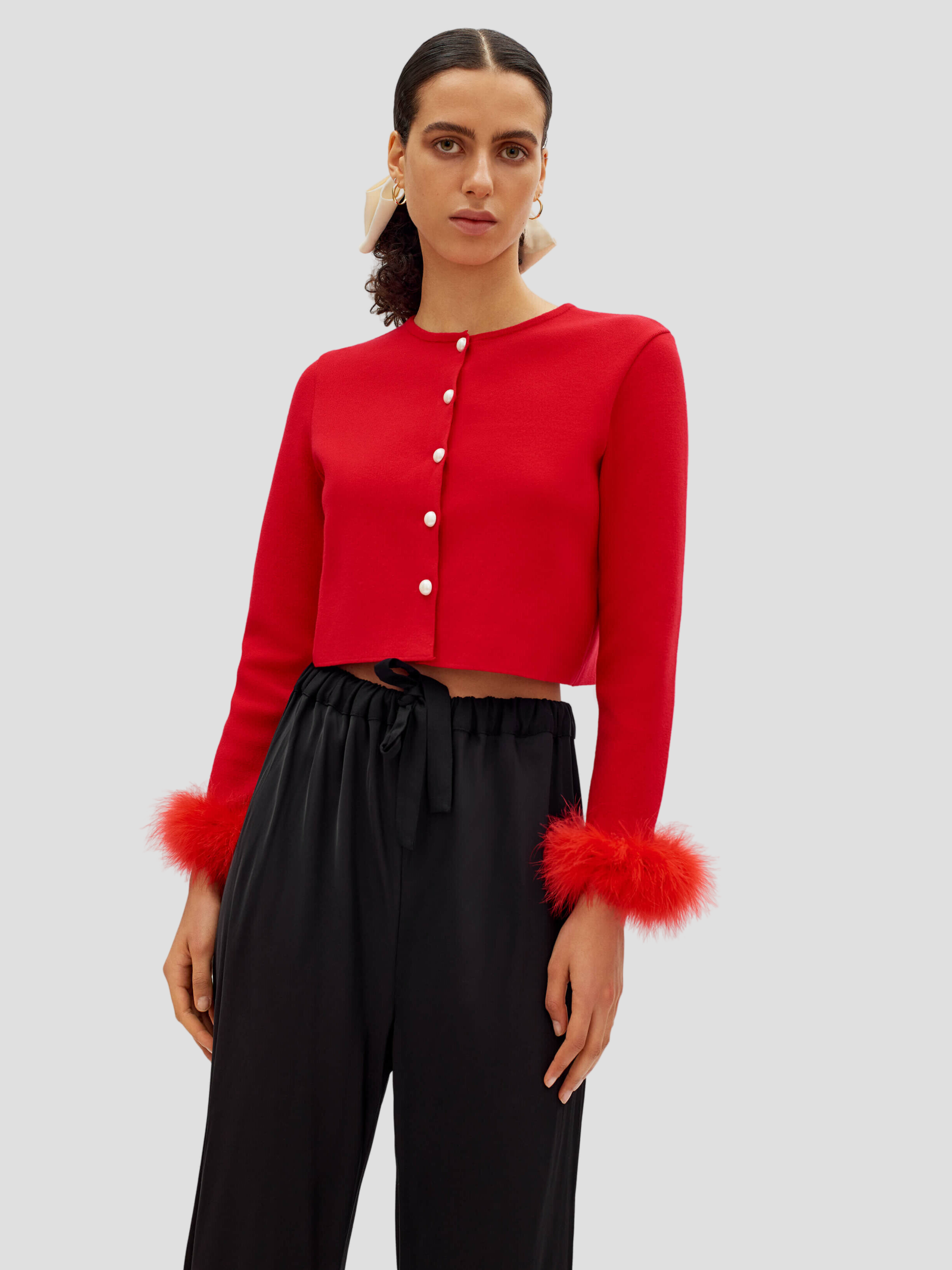 Red Knitted Cardigan w/ Detachable Feathers,SLEEPER,- Fivestory New York