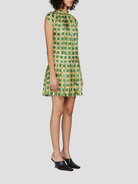 Short Sleeve Check Print Silk Mini Dress in Green,Marni,- Fivestory New York