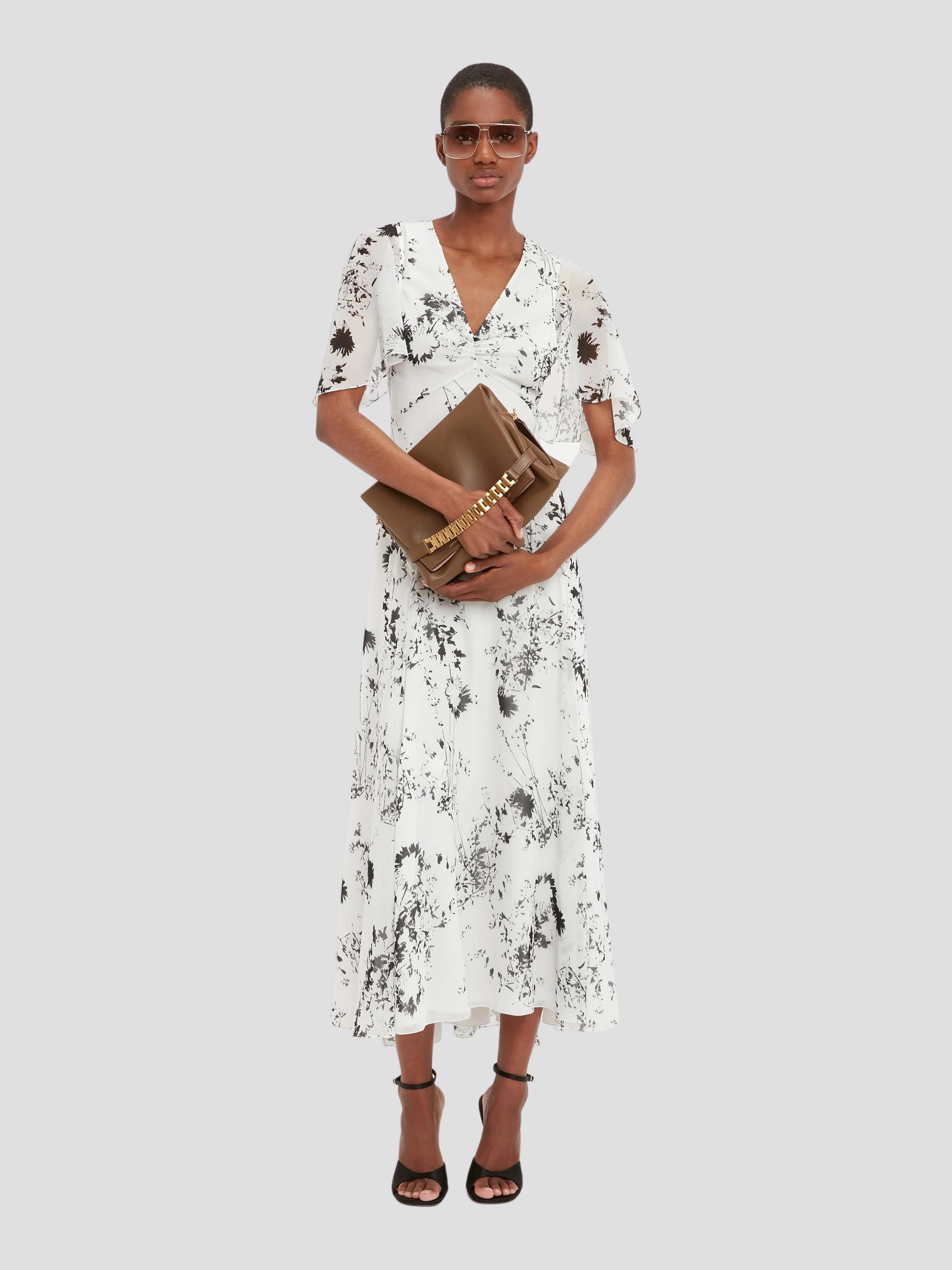 White/Black Short Sleeve Floaty Godet Dress,VICTORIA BECKHAM,- Fivestory New York