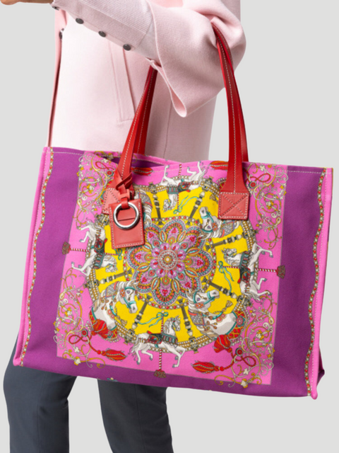 Pink Toy Horses Printed Tote Bag,Rani Arabella,- Fivestory New York