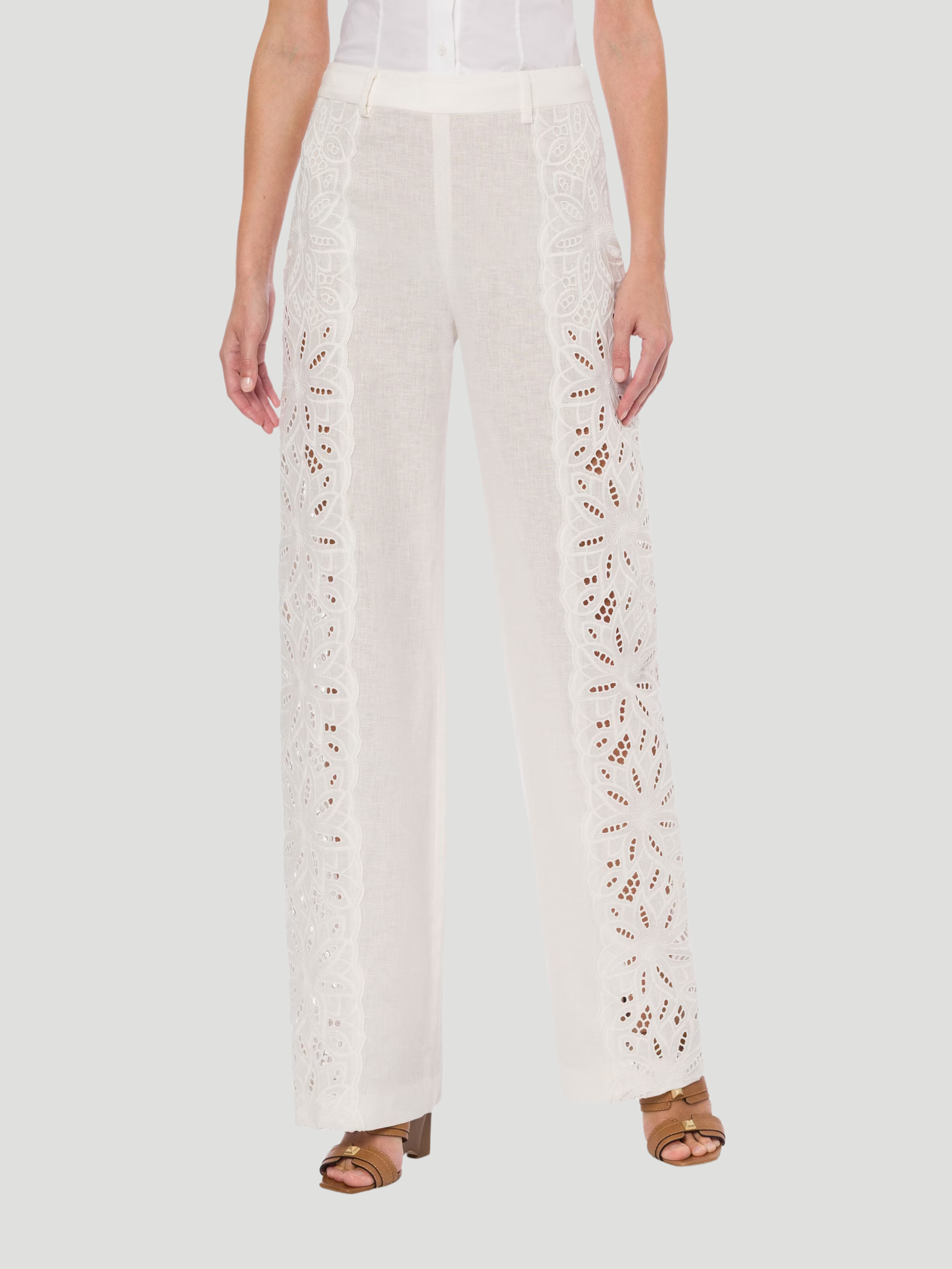 White Embroidered Straight Leg Pant,Alberta Ferretti,- Fivestory New York