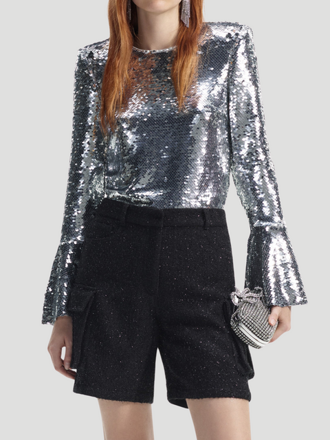 Silver Sequin Flared Sleeve Top,Self-Portrait,- Fivestory New York