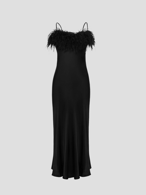 Black Boheme Feather-trimmed Satin Maxi Dress,SLEEPER,- Fivestory New York