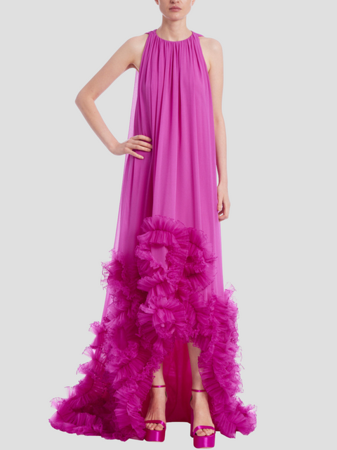Sleeveless High-Low Dress with Tulle Ruffle Hem in Orchid,Badgley Mischka,- Fivestory New York