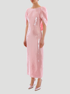 Pink Alba Crepe Shoulder Sequin Gown,HUISHAN ZHANG,- Fivestory New York