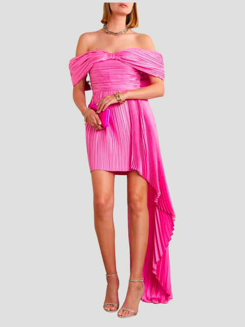 Off-Shoulder Plissé Silk Charmeuse Mini Dress,Semsem,- Fivestory New York