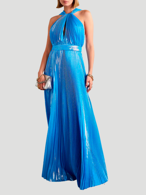 Blue Pleated Metallic Halter Midi Dress,Semsem,- Fivestory New York