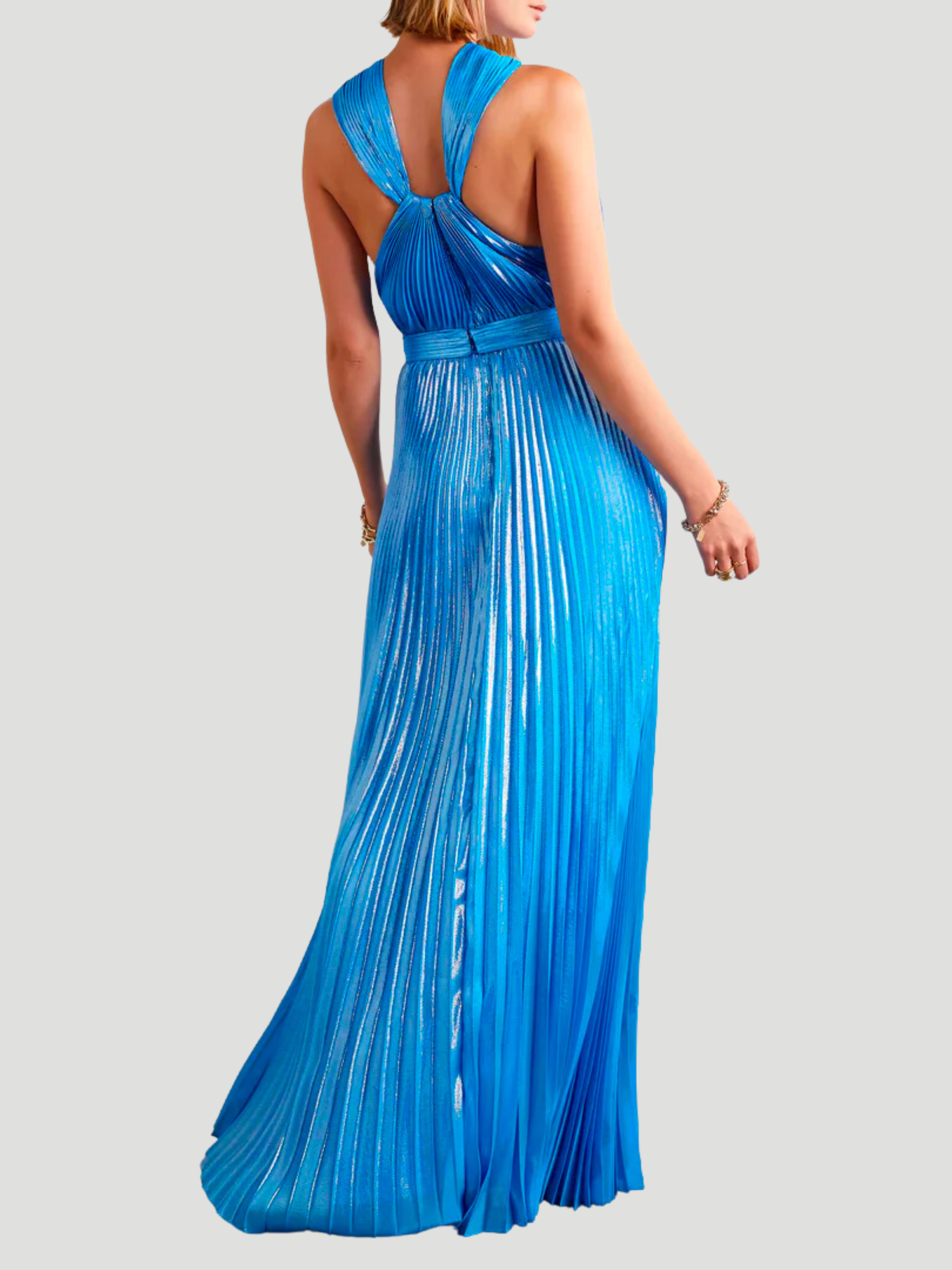 Blue Pleated Metallic Halter Midi Dress,Semsem,- Fivestory New York