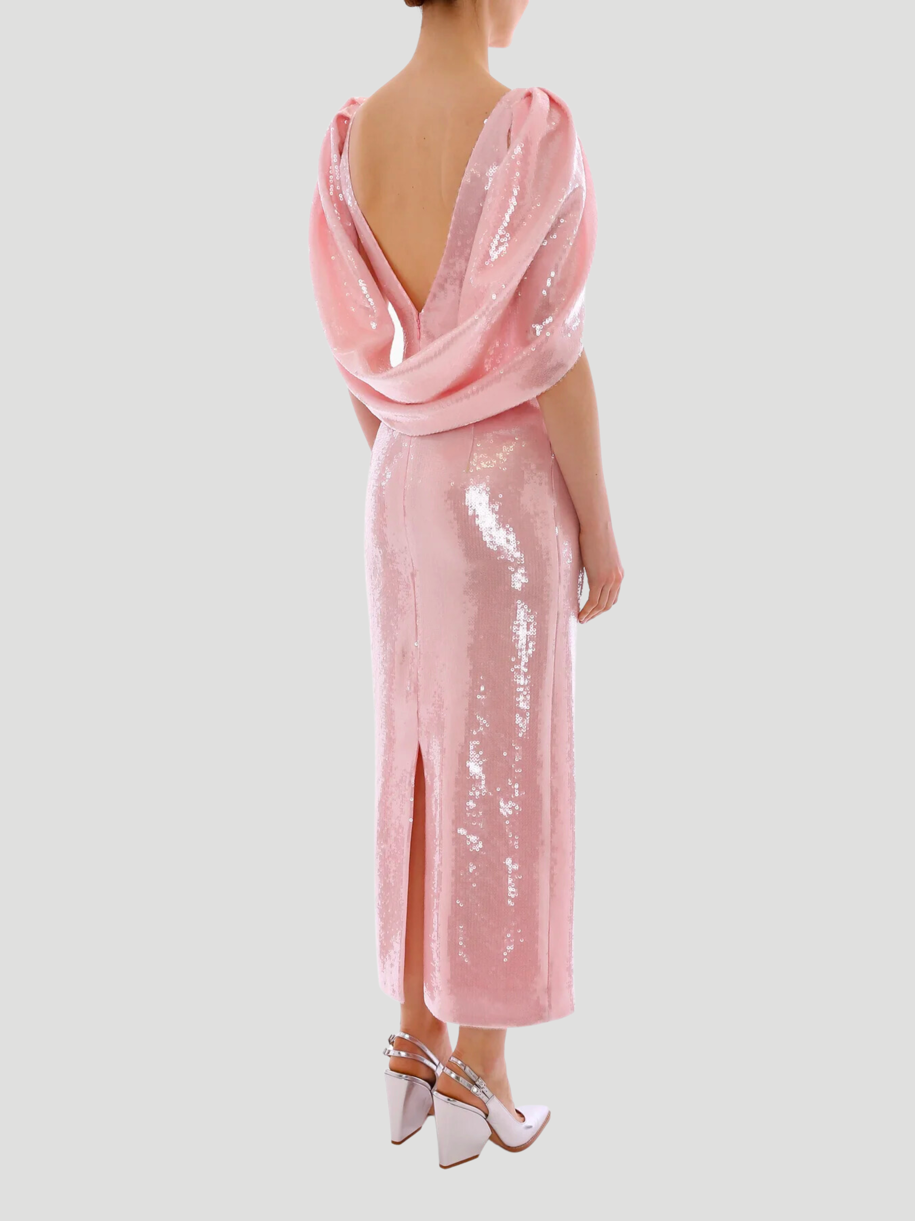 Pink Alba Crepe Shoulder Sequin Gown,HUISHAN ZHANG,- Fivestory New York