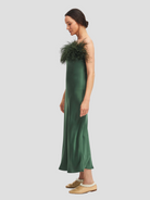 Green Boheme Feather-trimmed Satin Maxi Dress,SLEEPER,- Fivestory New York