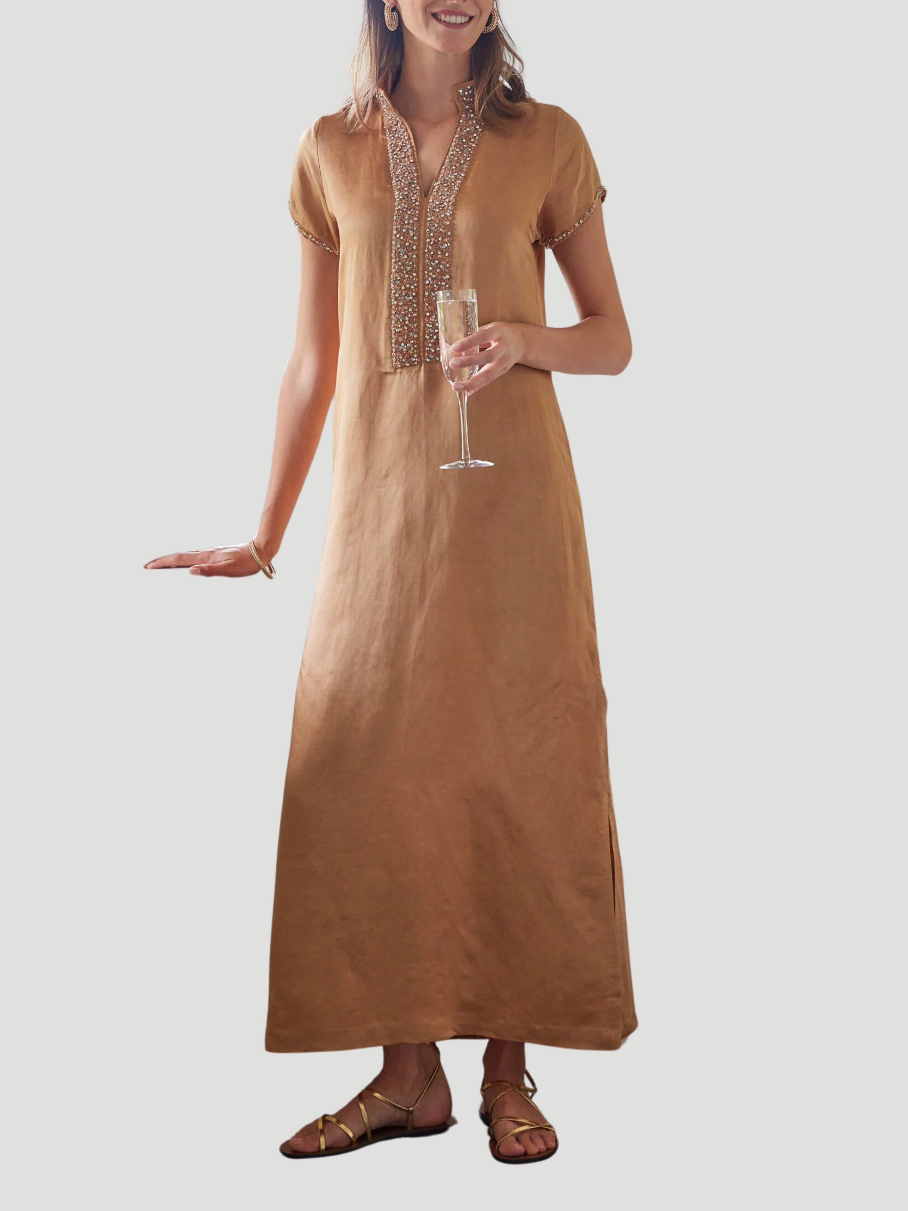 Meg 54" Cap Sleeve Caftan in Almond,Bella Tu,- Fivestory New York