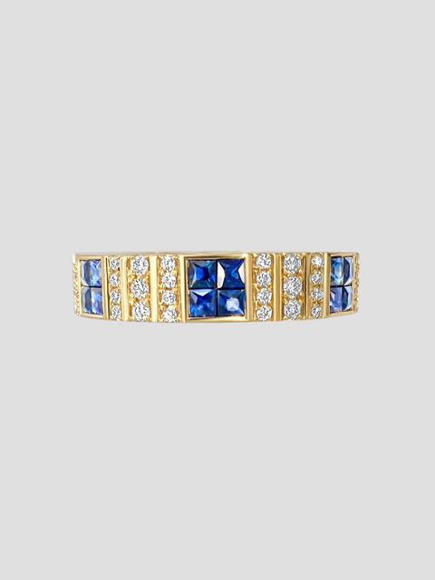Yellow Gold Pinstripe Strength Diamond Cigar Band Skinny Ring w/ Blue Sapphire Inlay,Ri Noor,- Fivestory New York