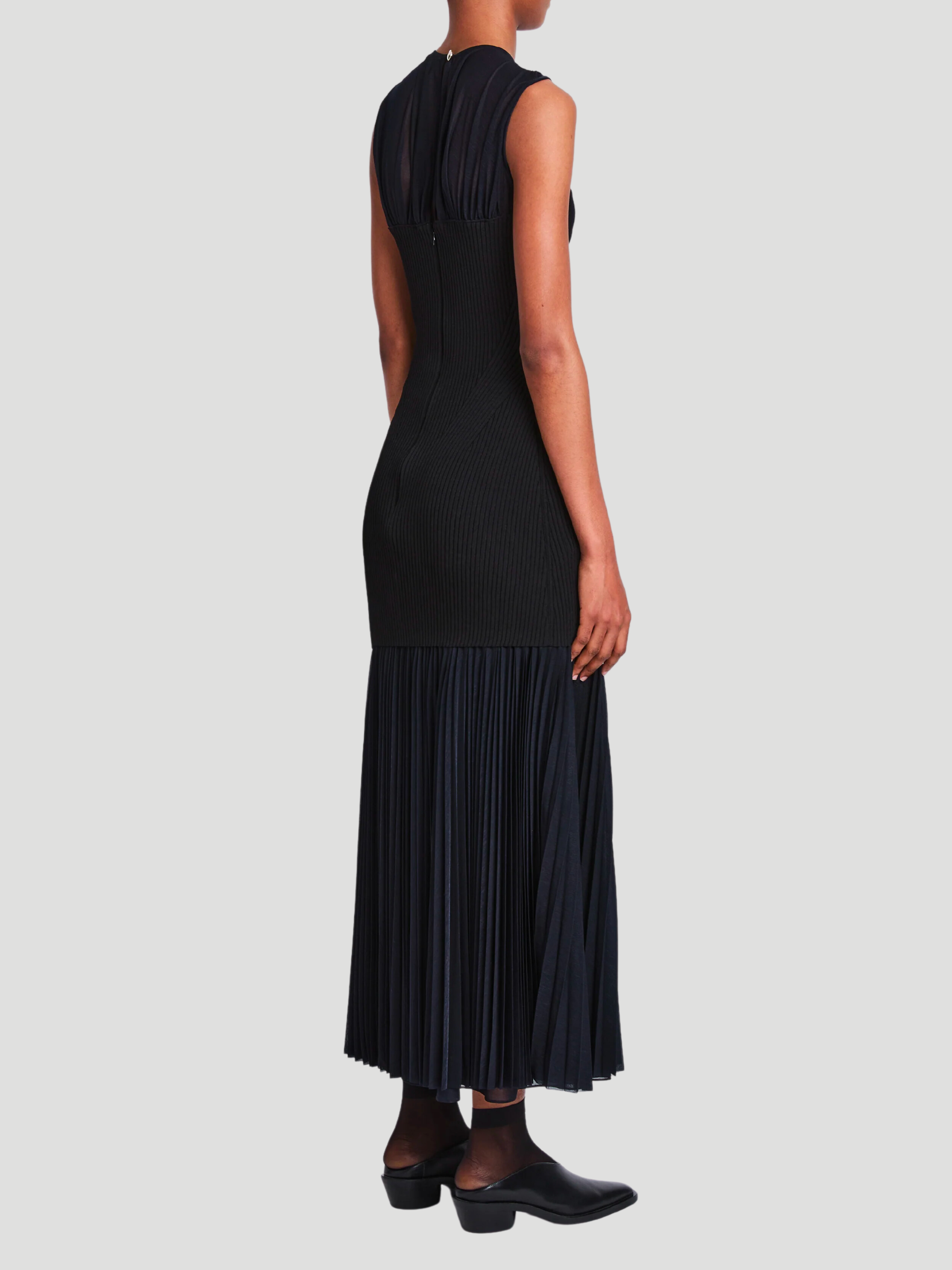 Niki Sheer Pleated Jersey Long Dress with Knit Bodice