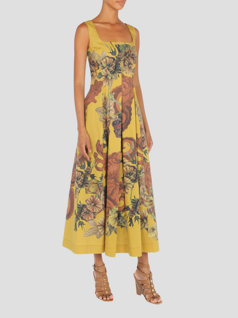 Yellow Floral Print Poplin Midi Dress,Alberta Ferretti,- Fivestory New York