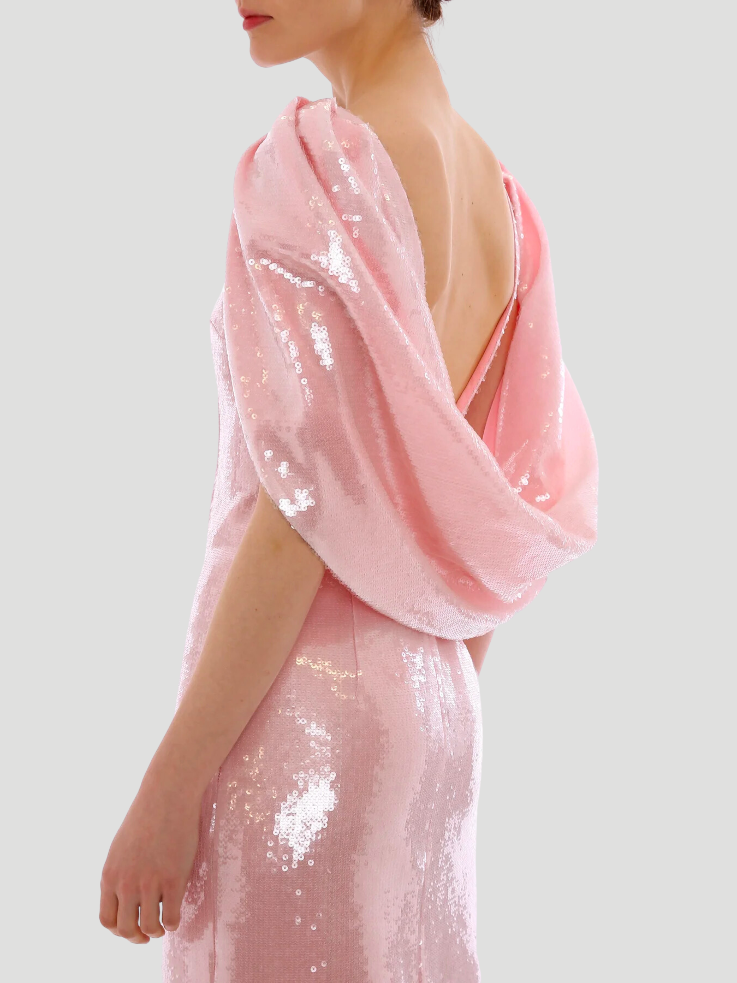 Pink Alba Crepe Shoulder Sequin Gown,HUISHAN ZHANG,- Fivestory New York