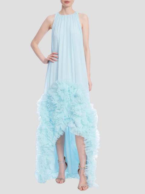 Sleeveless High-Low Dress with Tulle Ruffle Hem in Ice Blue,Badgley Mischka,- Fivestory New York