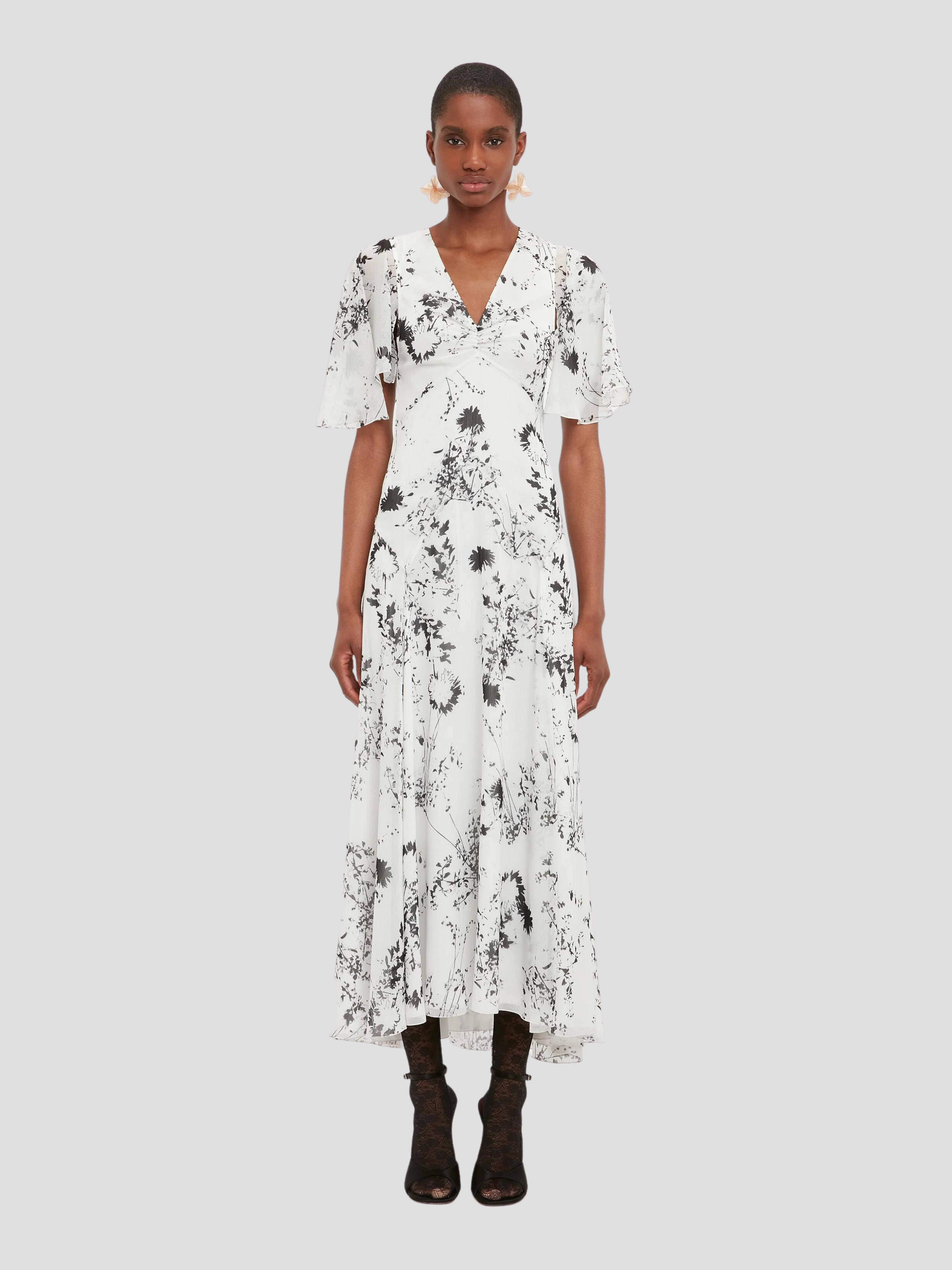 White/Black Short Sleeve Floaty Godet Dress,VICTORIA BECKHAM,- Fivestory New York