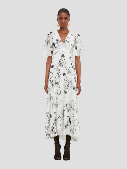 White/Black Short Sleeve Floaty Godet Dress,VICTORIA BECKHAM,- Fivestory New York