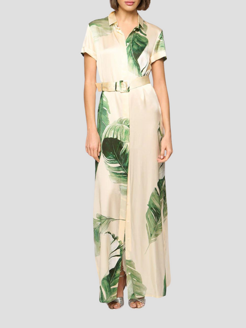 Redonna Short Sleeve Belted Maxi Shirt Dress in Green White Print