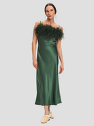 Green Boheme Feather-trimmed Satin Maxi Dress,SLEEPER,- Fivestory New York