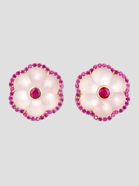 Rose Quartz Flower Earrings with Ruby