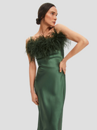 Green Boheme Feather-trimmed Satin Maxi Dress,SLEEPER,- Fivestory New York