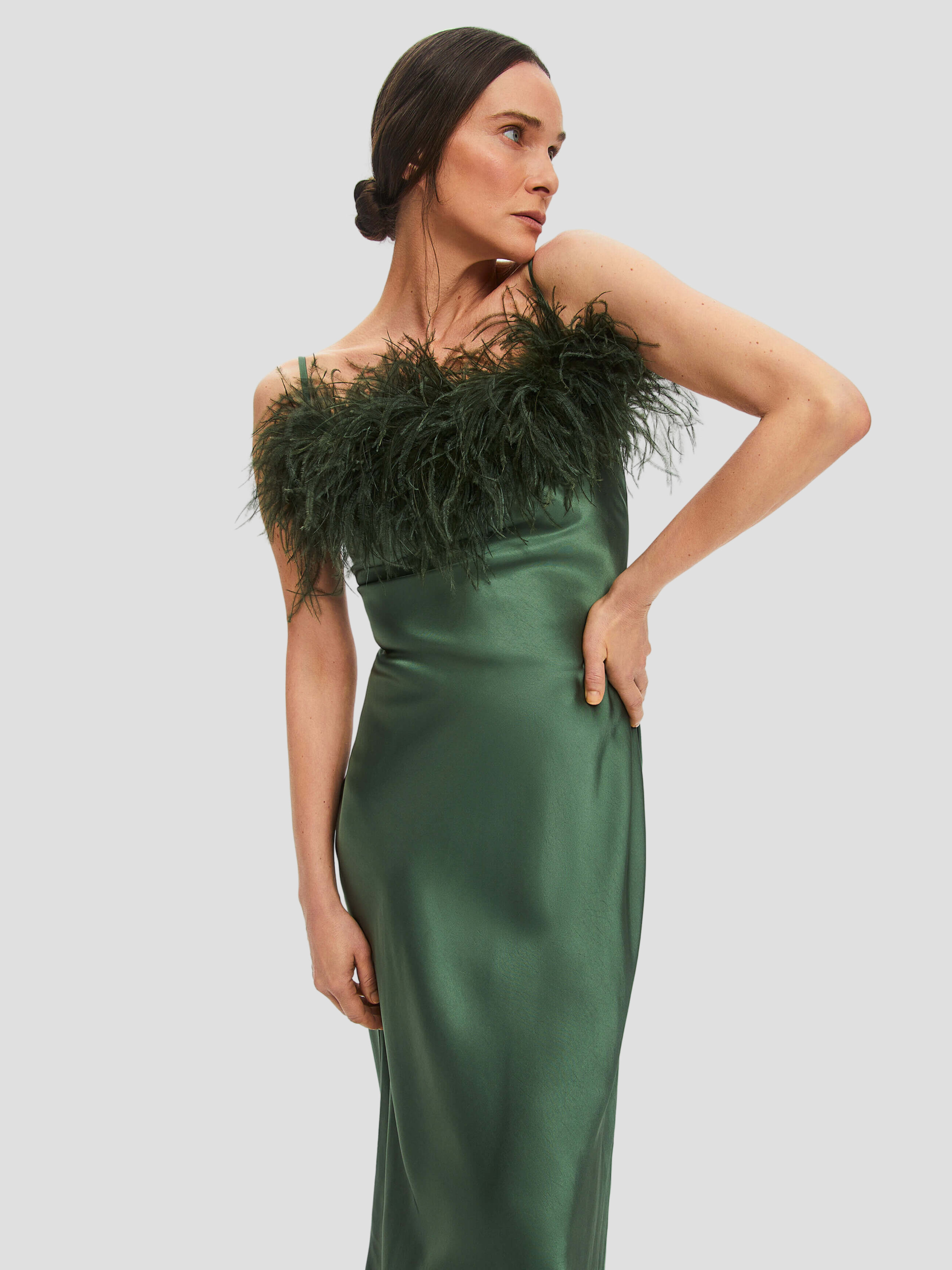 Green Boheme Feather-trimmed Satin Maxi Dress,SLEEPER,- Fivestory New York