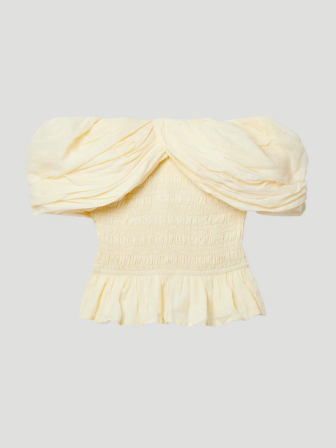Loren Cream Off-The-Shoulder Shirred Ruffled Ramie Blouse,Sea,- Fivestory New York