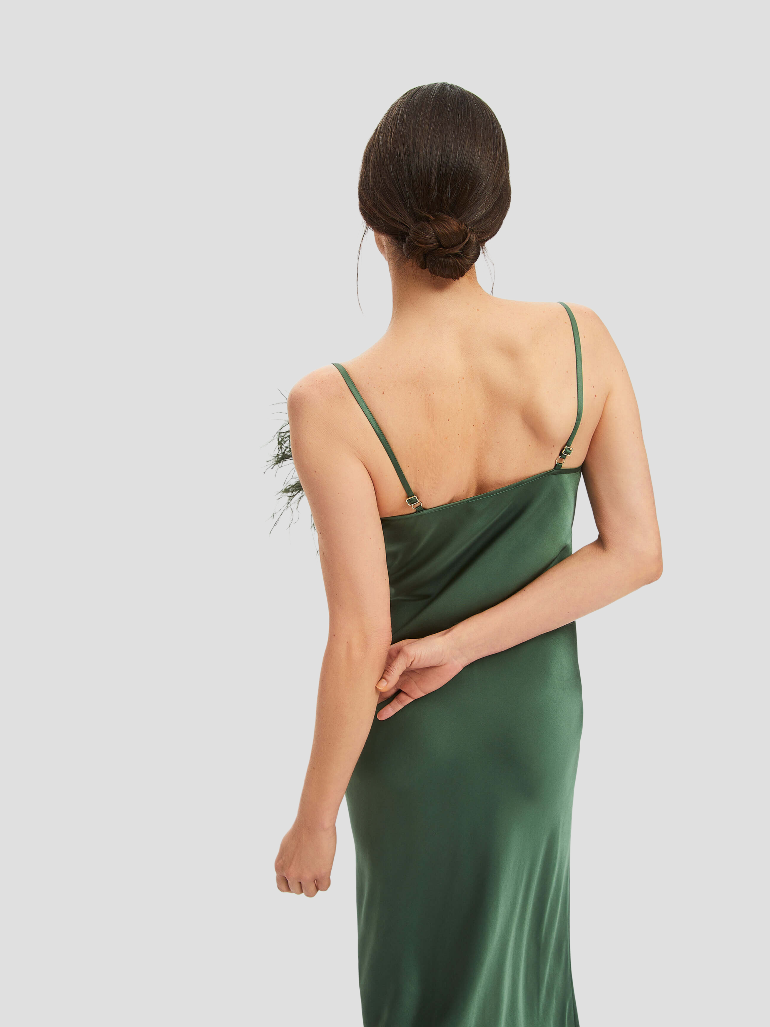 Green Boheme Feather-trimmed Satin Maxi Dress,SLEEPER,- Fivestory New York