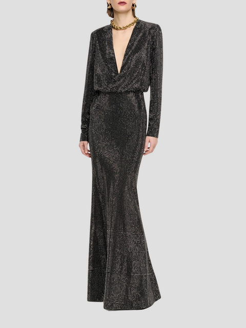 Black Long Sleeve Diamante Maxi Dress,ROLAND MOURET,- Fivestory New York