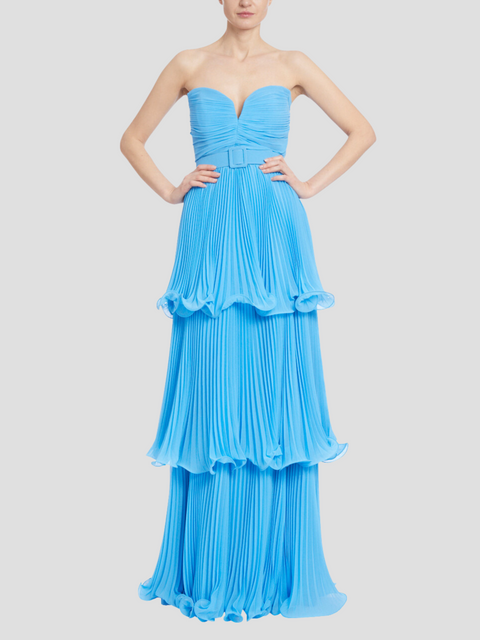 Blue Tiered Pleated Gown with Belted Waist,Badgley Mischka,- Fivestory New York