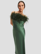 Green Boheme Feather-trimmed Satin Maxi Dress,SLEEPER,- Fivestory New York