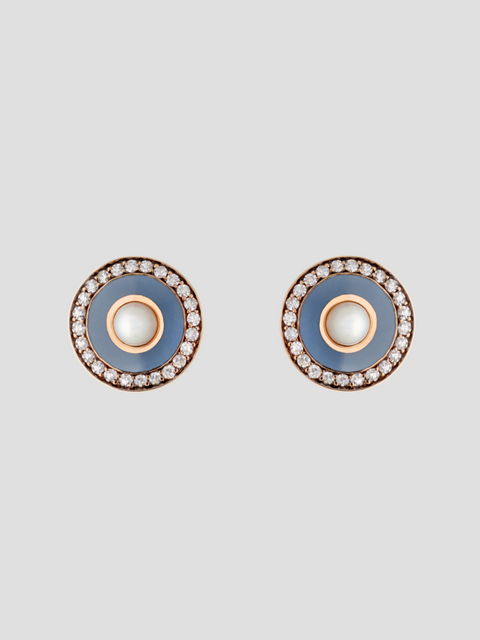 Round Enamel Earrings in Pink Gold/Pearl/Diamond/Grey Enamel,Selim Mouzannar,- Fivestory New York
