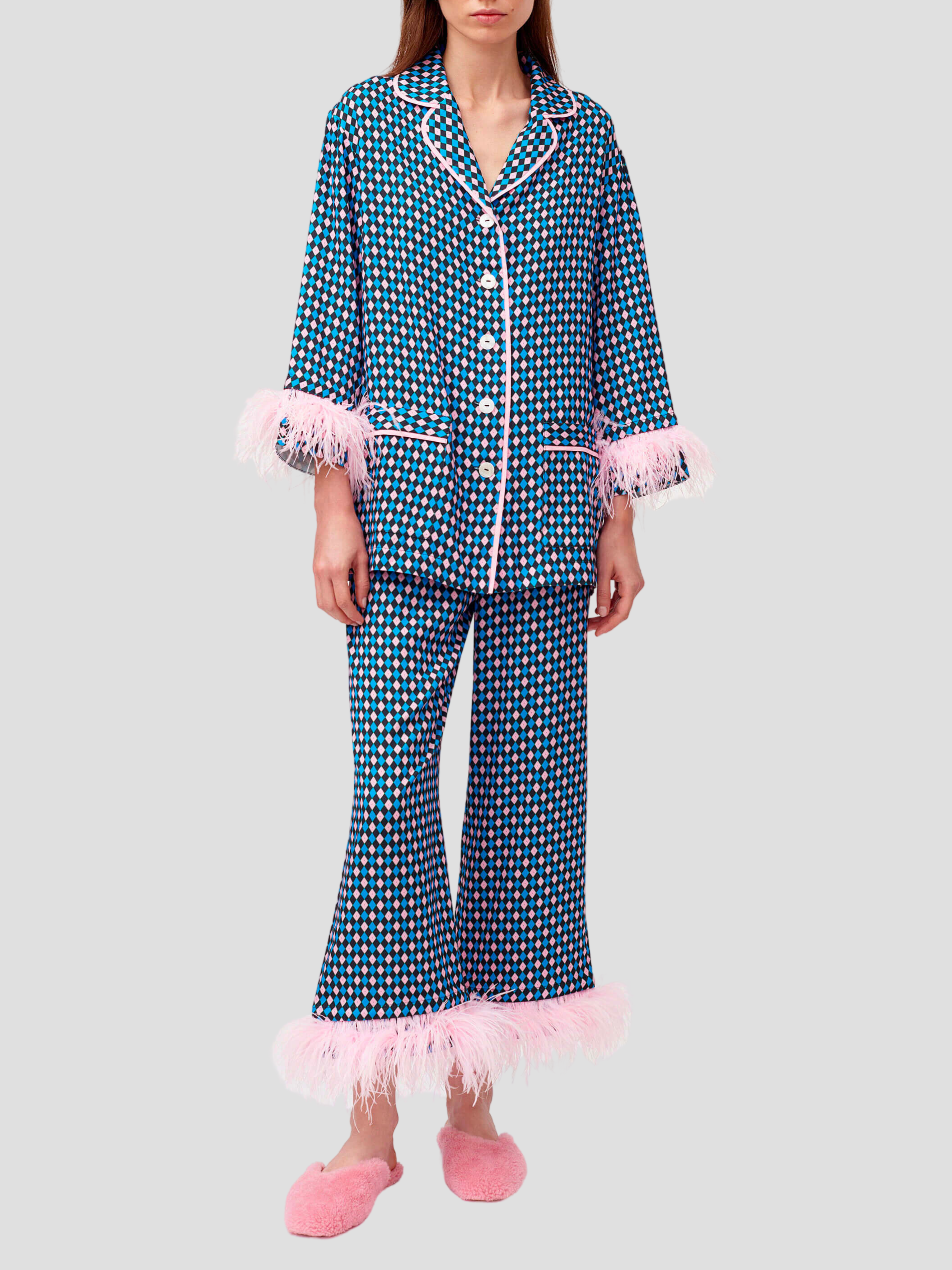 Party Pajama Set w Double Feathers in Navy Pink Fivestory New York
