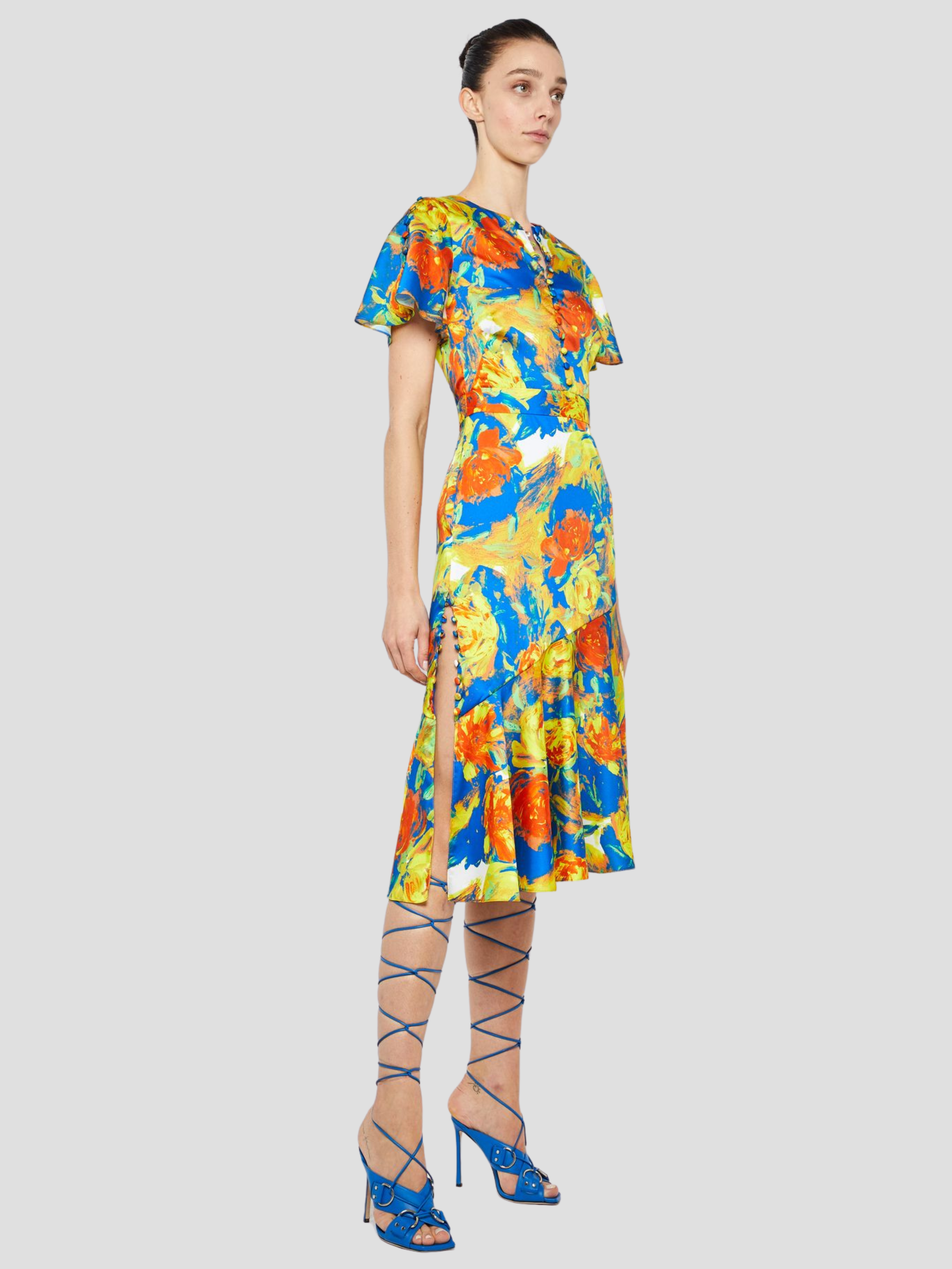 Victoria Floral Flutter Sleeve Pleated Midi Dress in Yellow,Prabal Gurung,- Fivestory New York