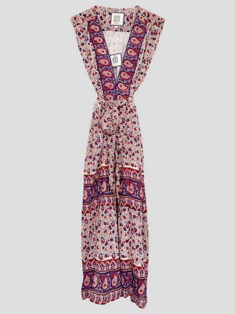 Cece V-Neck Waist Tie Paisley Block Print Dress,Bell,- Fivestory New York