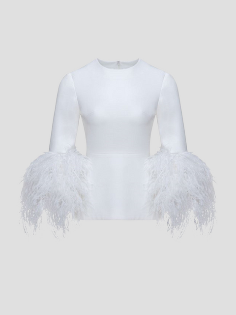 Lola Fitted Top with Large Feather Cuffs,Huishan Zhang,- Fivestory New York