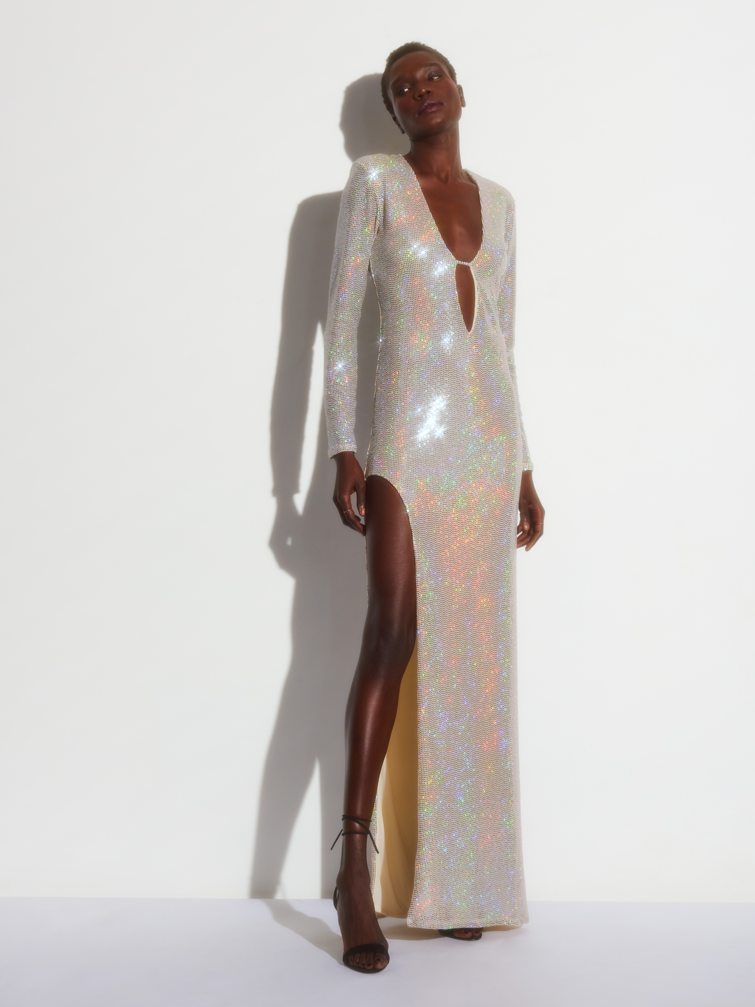 V-Neck Sequin Jersey Split Gown in Silver,The Sei,- Fivestory New York