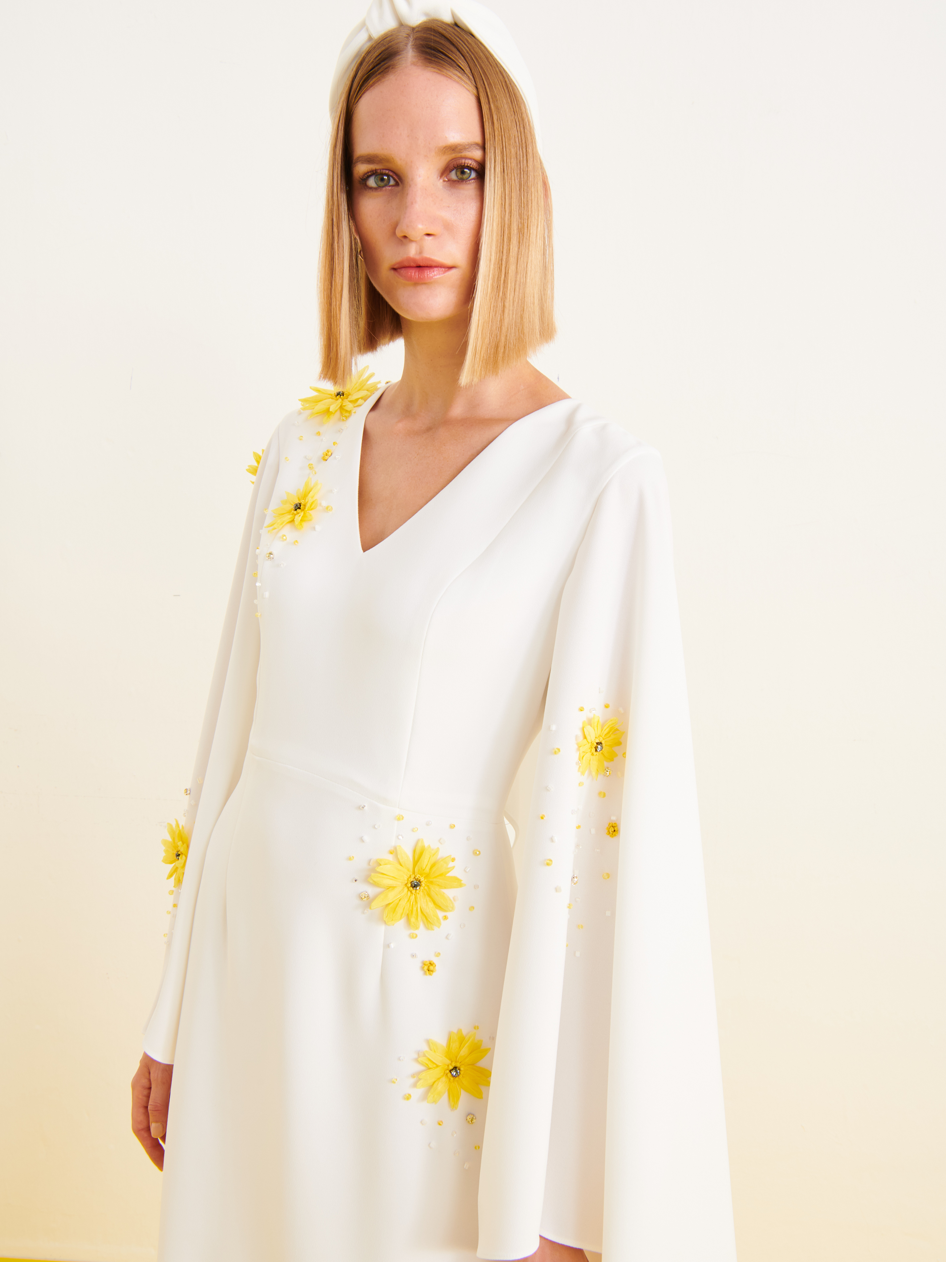 Melek V-Neck Cape Gown in White,Nihan Peker,- Fivestory New York