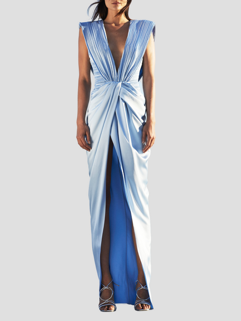 V-Neck Twist Dress in Blue,Ozgur Masur,- Fivestory New York