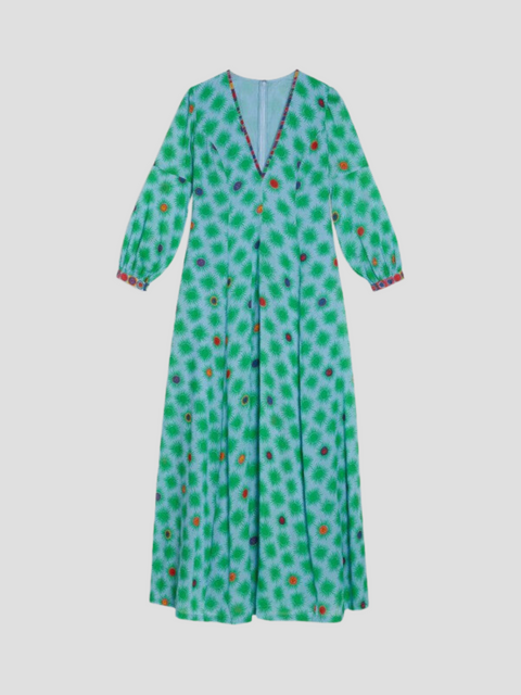Clarissa Longsleeve V-Neck Cotton Sun-Print Maxi Dress in Green,Emporio Sirenuse,- Fivestory New York