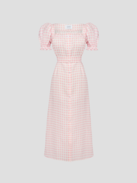 Brigitte Linen Gingham Midi Dress in Pink/White,Sleeper,- Fivestory New York