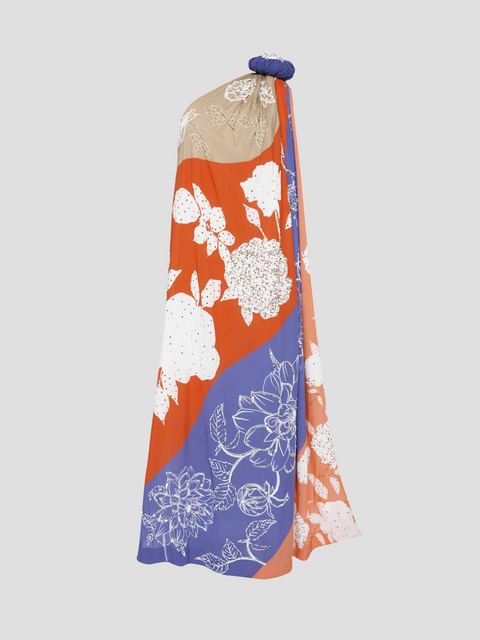 Hand Beaded Toga Gown in Rose Print,Verandah,- Fivestory New York